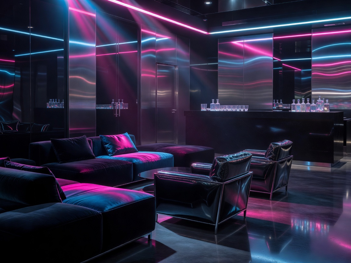 Exclusive VIP lounge illuminated by electric pink and neon blue lights