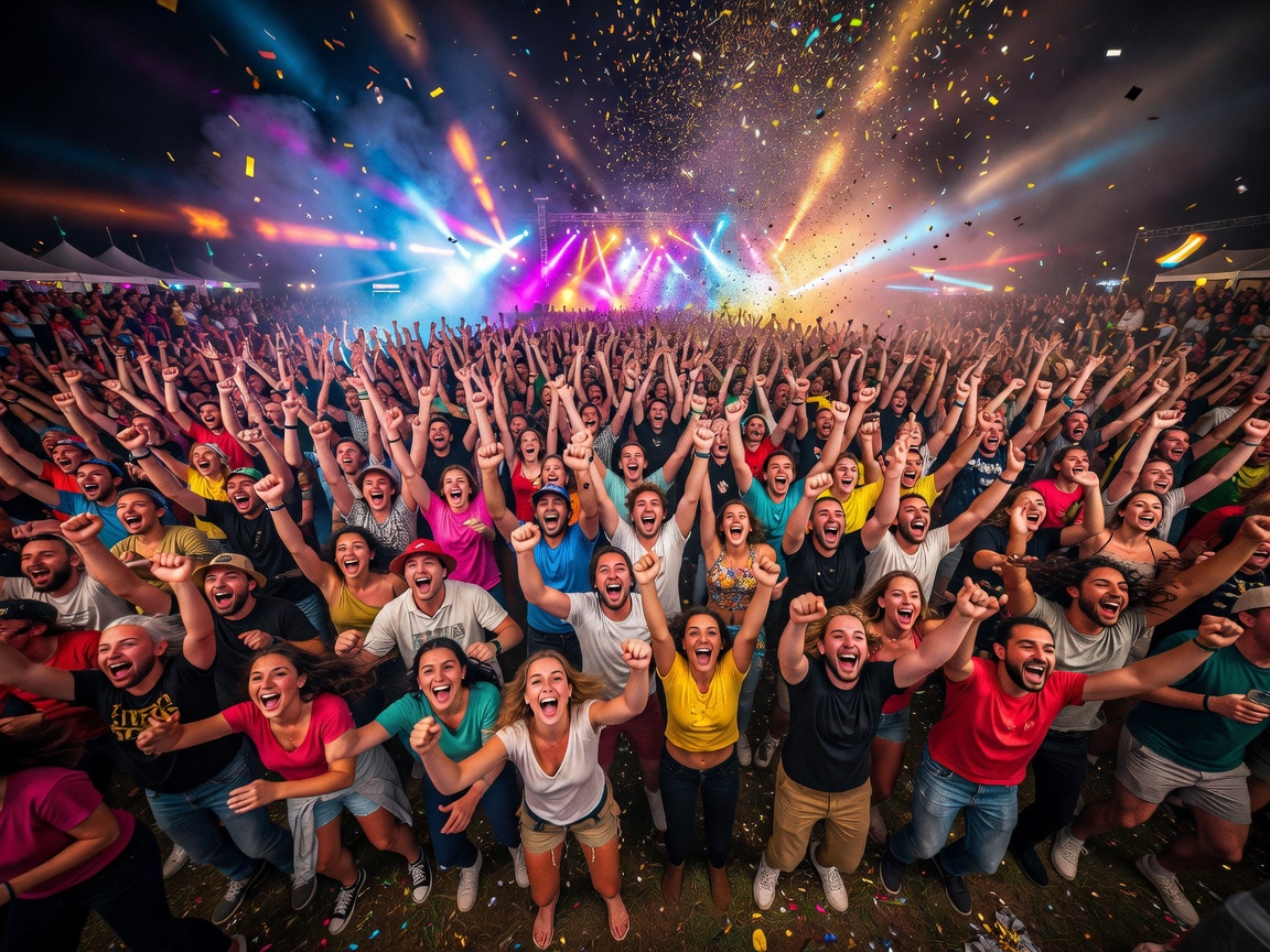A huge crowd cheering at a festival representing bonus events