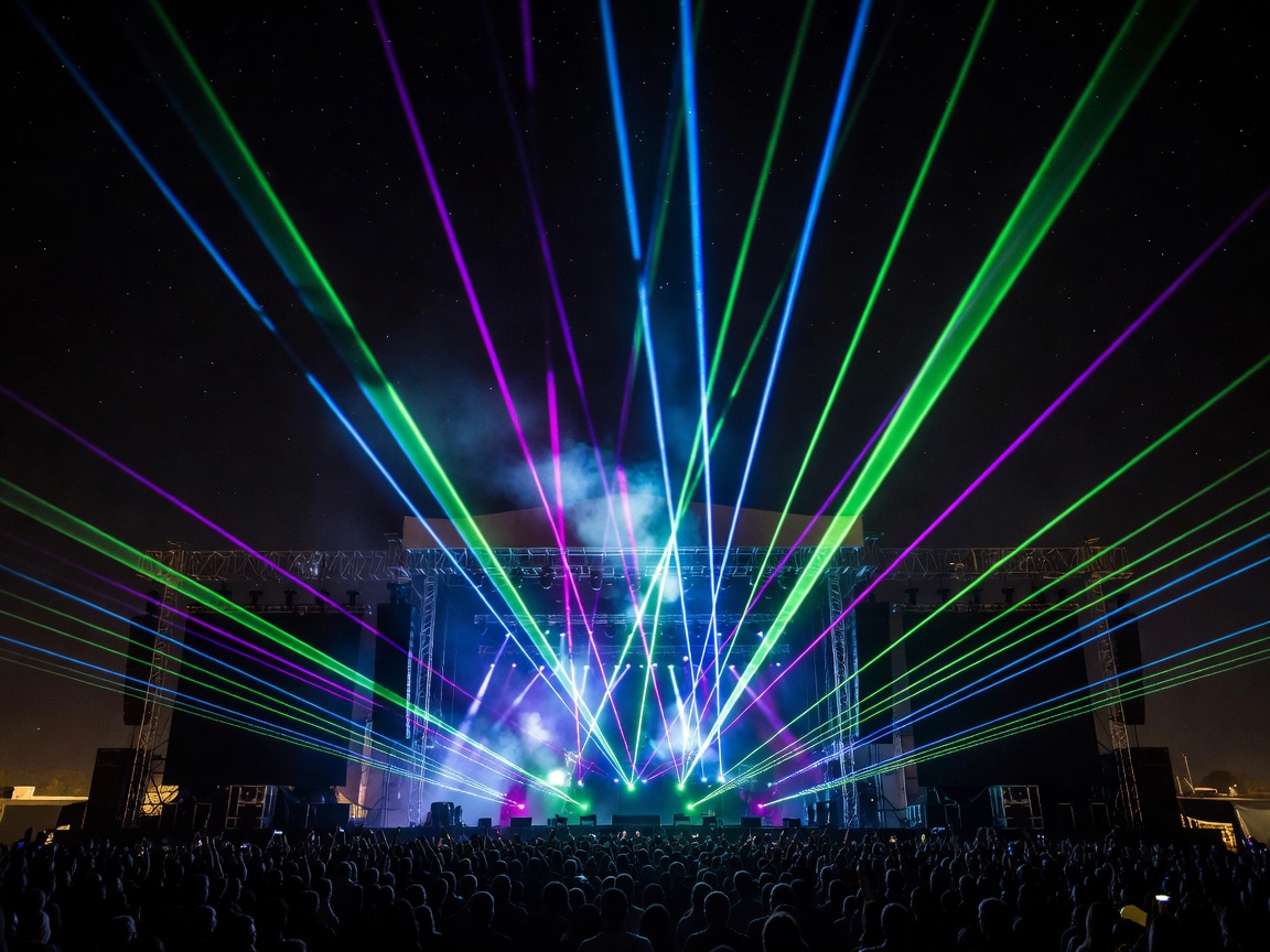 Bright laser lights shooting from a massive festival stage into the night sky