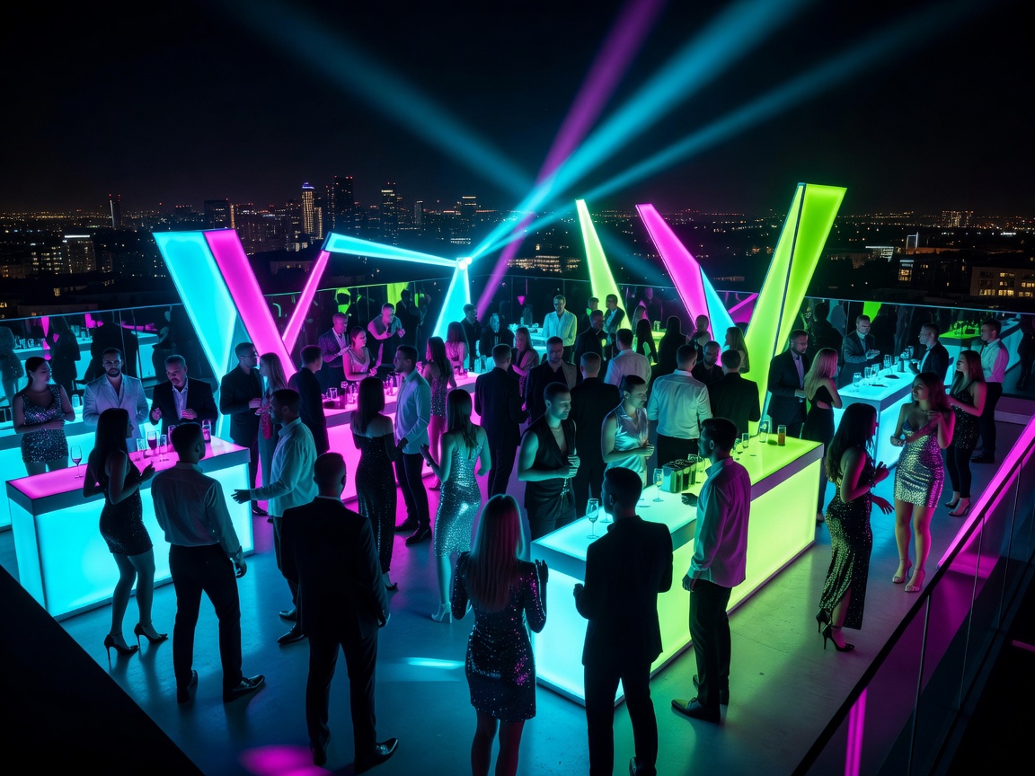 Vibrant neon lights and crowd at an exclusive rooftop party event
